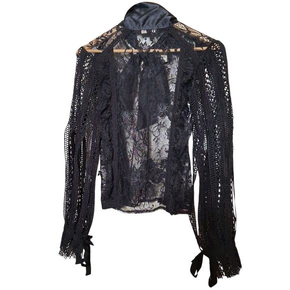 Beulah Style Black Fairy Romantic Goth Lace Blouse Mock Neck Bow Size Small - Picture 2 of 7